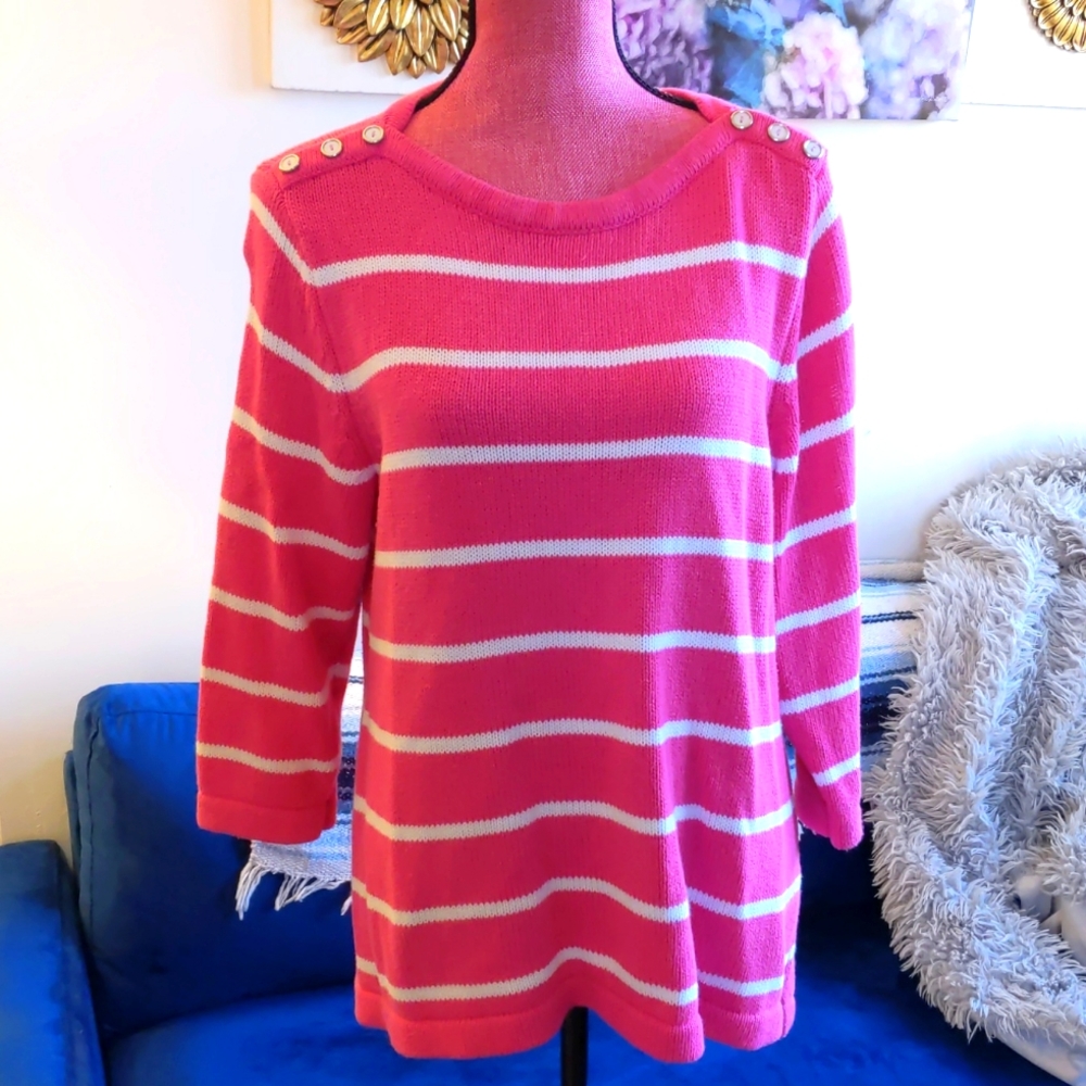 100% Cotton Sweater Hot Pink Striped 3/4 Sleeve Sz L